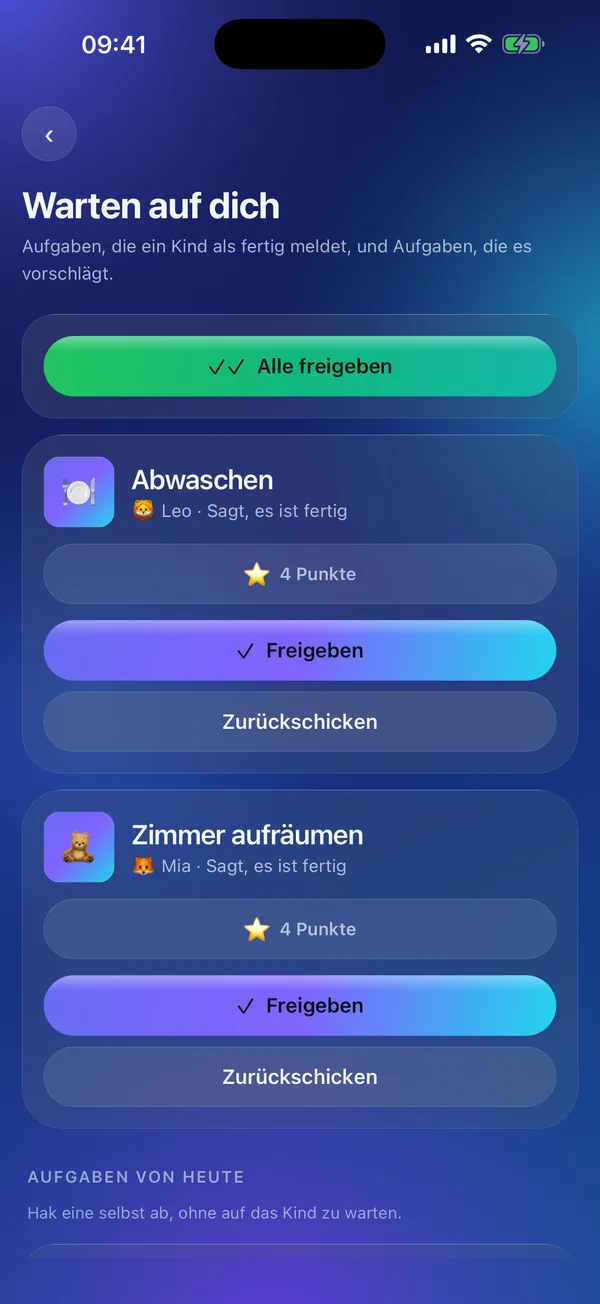 Meritavi im Elternmodus: zwei Aufgaben warten auf Freigabe.