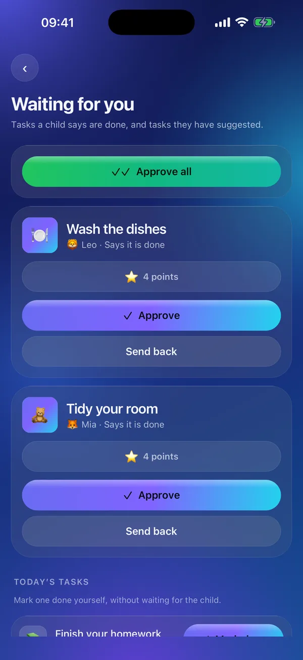 Meritavi in parent mode: two chores waiting for the parent’s approval.