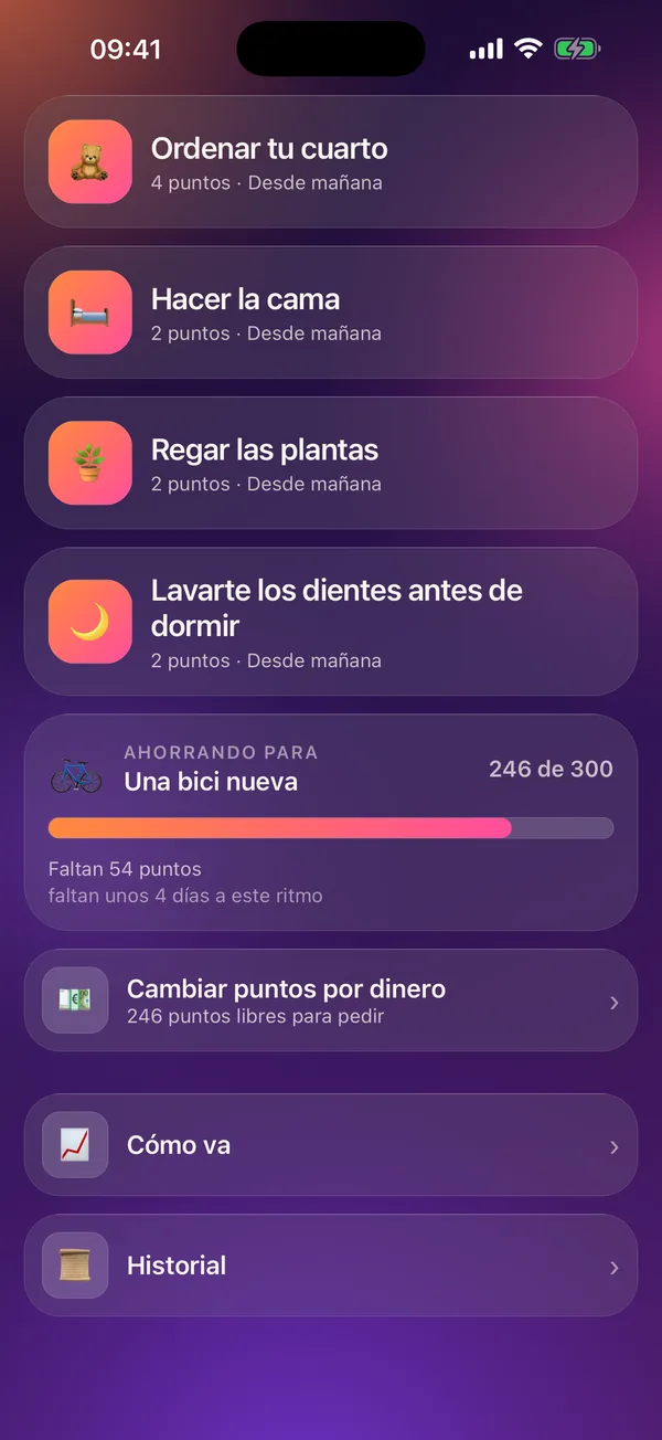 Meritavi en modo niño: una meta de ahorro con su progreso y el dinero de bolsillo que puede pedir.