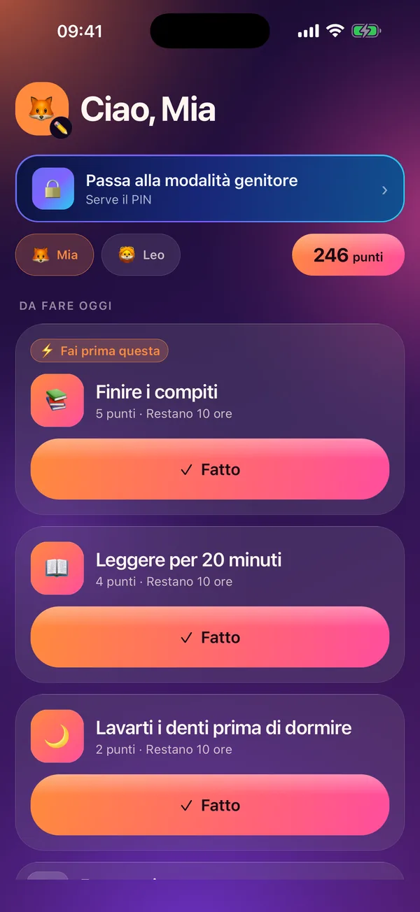 Meritavi in modalità bambino: le faccende di oggi con i punti e il saldo del bambino.