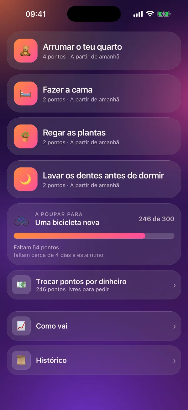 Meritavi no modo criança: um objetivo de poupança com o progresso e a mesada que pode pedir.