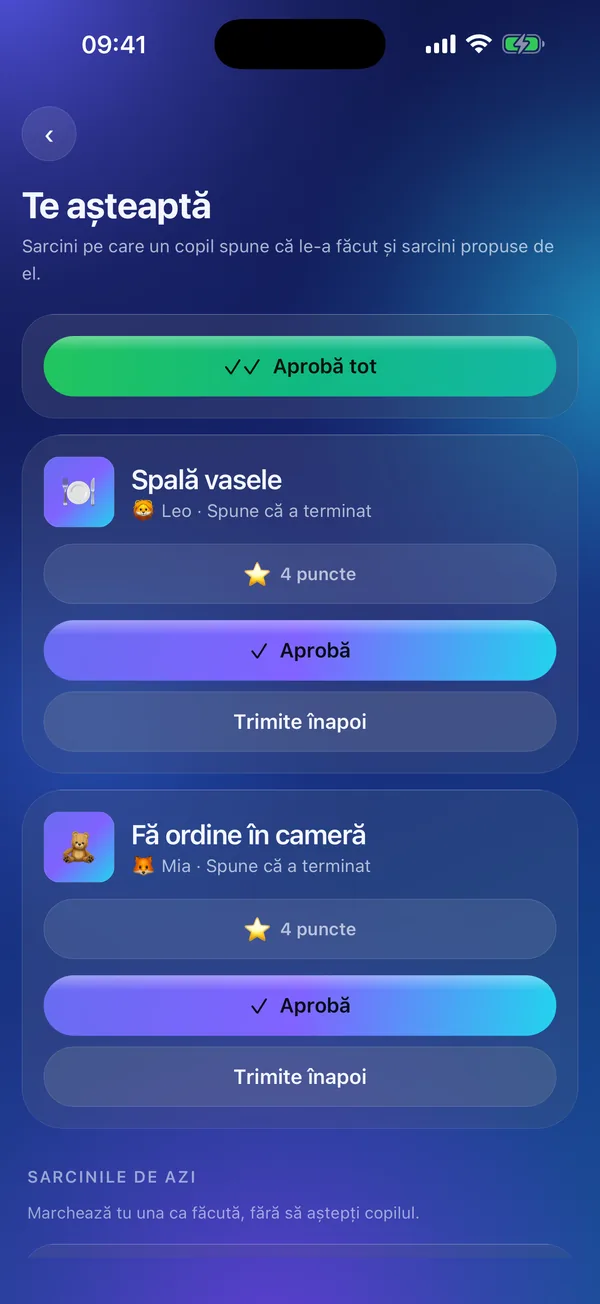 Meritavi în modul părinte: două sarcini care așteaptă aprobarea părintelui.