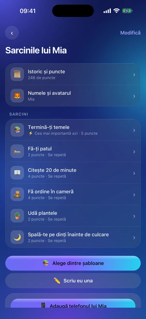 Meritavi în modul părinte: sarcinile unui copil, cu punctele lor.